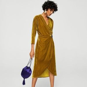 Mango Chartreuse Velvet Wrap Dress 